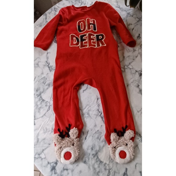 Holiday Time "OH DEER" Christmas Footed Sleeper 18M Red Reindeer Feet - Picture 2 of 8